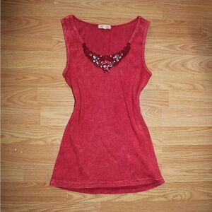 Y2k Long Red Tank Top With Sequin Accent